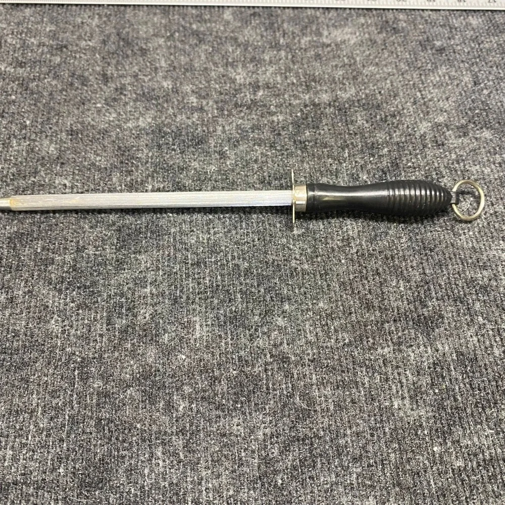 Vintage  Honing Steel Knife Sharpening Rod Black Ribbed Handle Silver